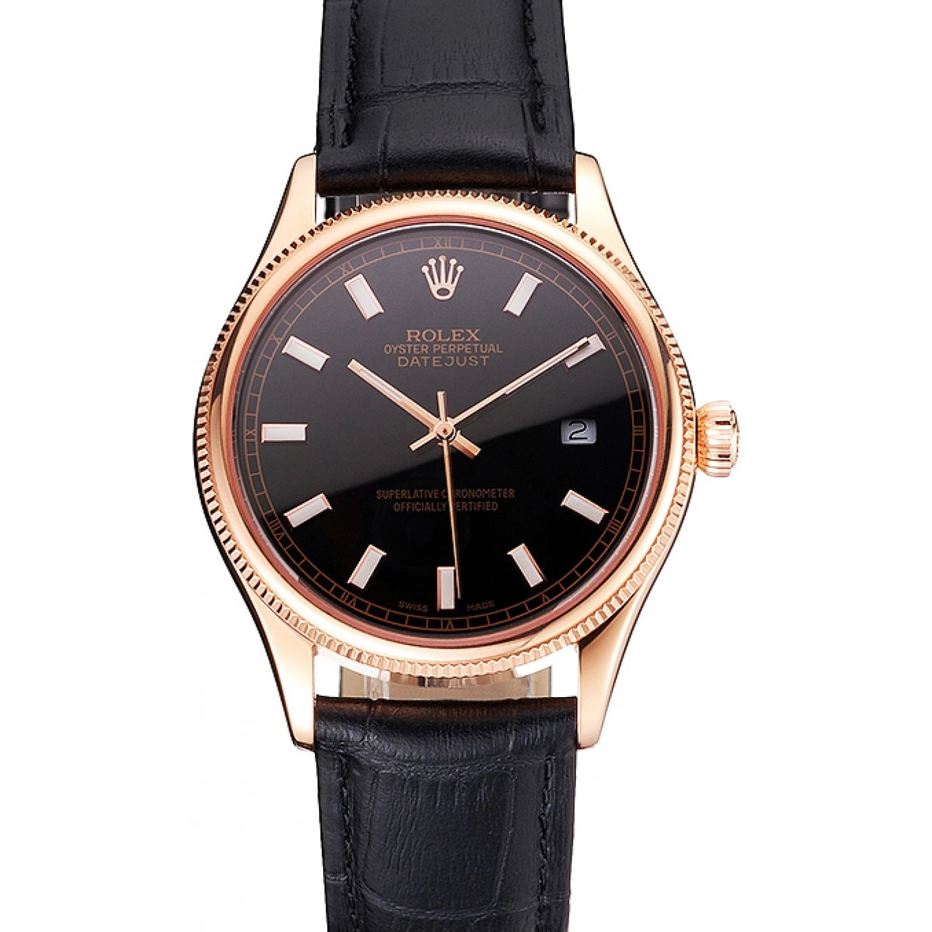 Black Strap Rolex Gold Rose Black Swiss Leather Datejust Dial Case 1026